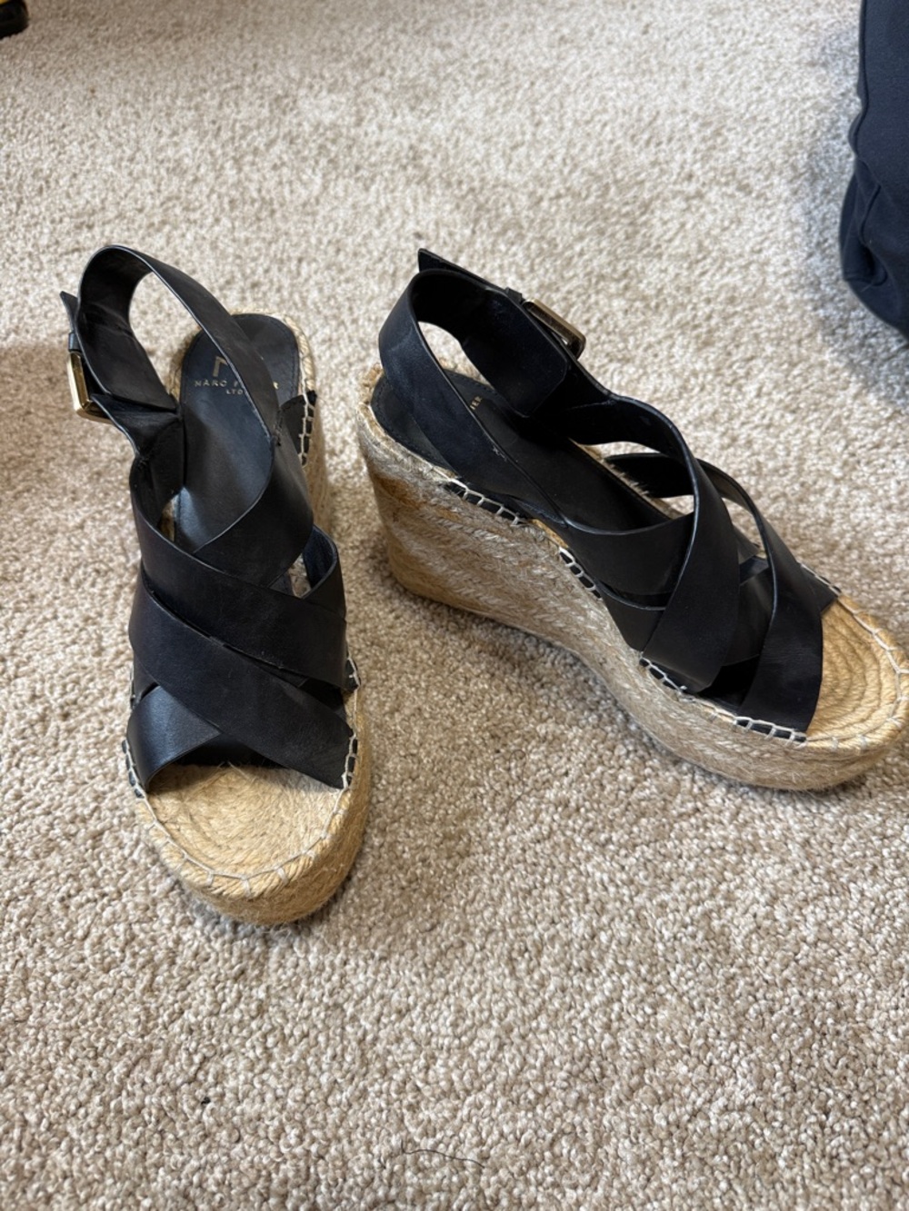 Marc Fisher Black Leather Crisscross Espadrille Wedges